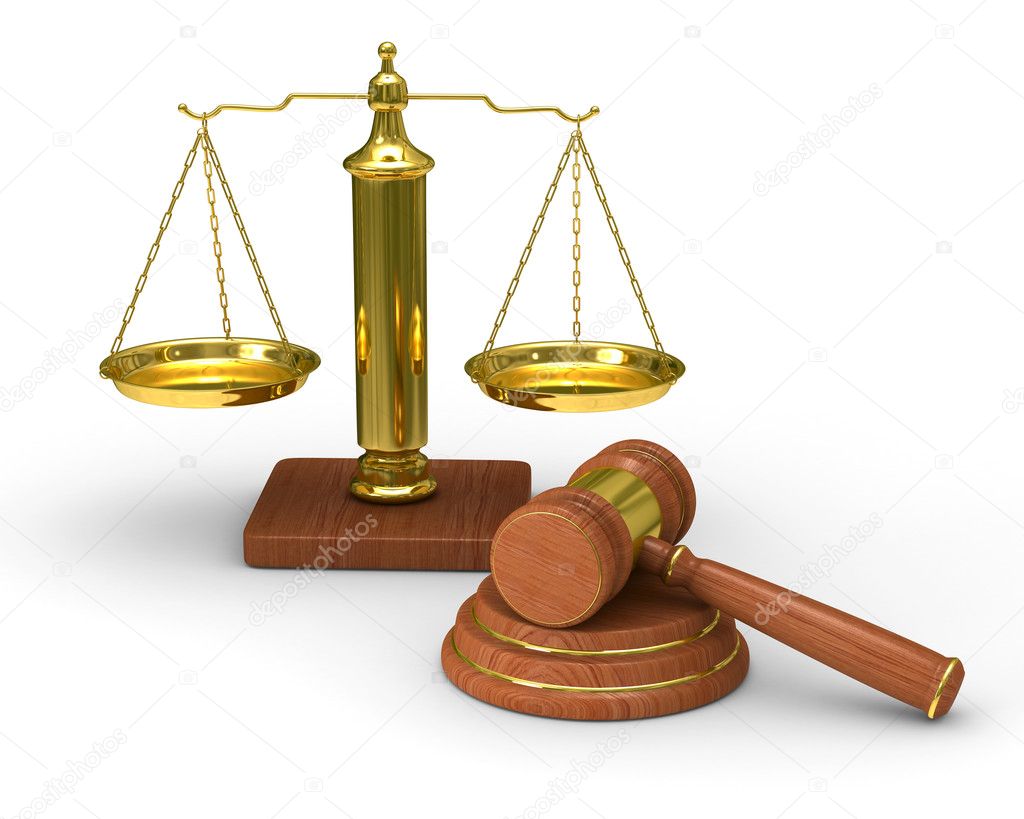 Scales justice and hammer on white background. Isolated 3D image