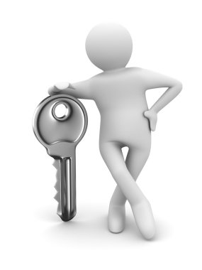 Key and man on white background. 3D image clipart