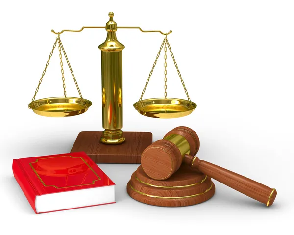 Scales justice and hammer on white background. Isolated 3D image — Stock Photo, Image