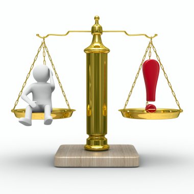 man and exclamation point on scales. Isolated 3D image clipart