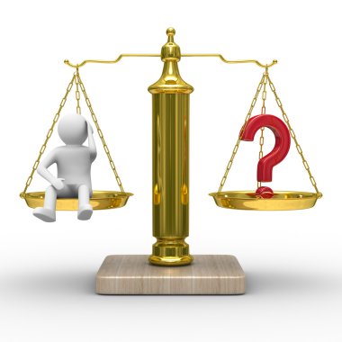 man and question on scales. Isolated 3D image clipart