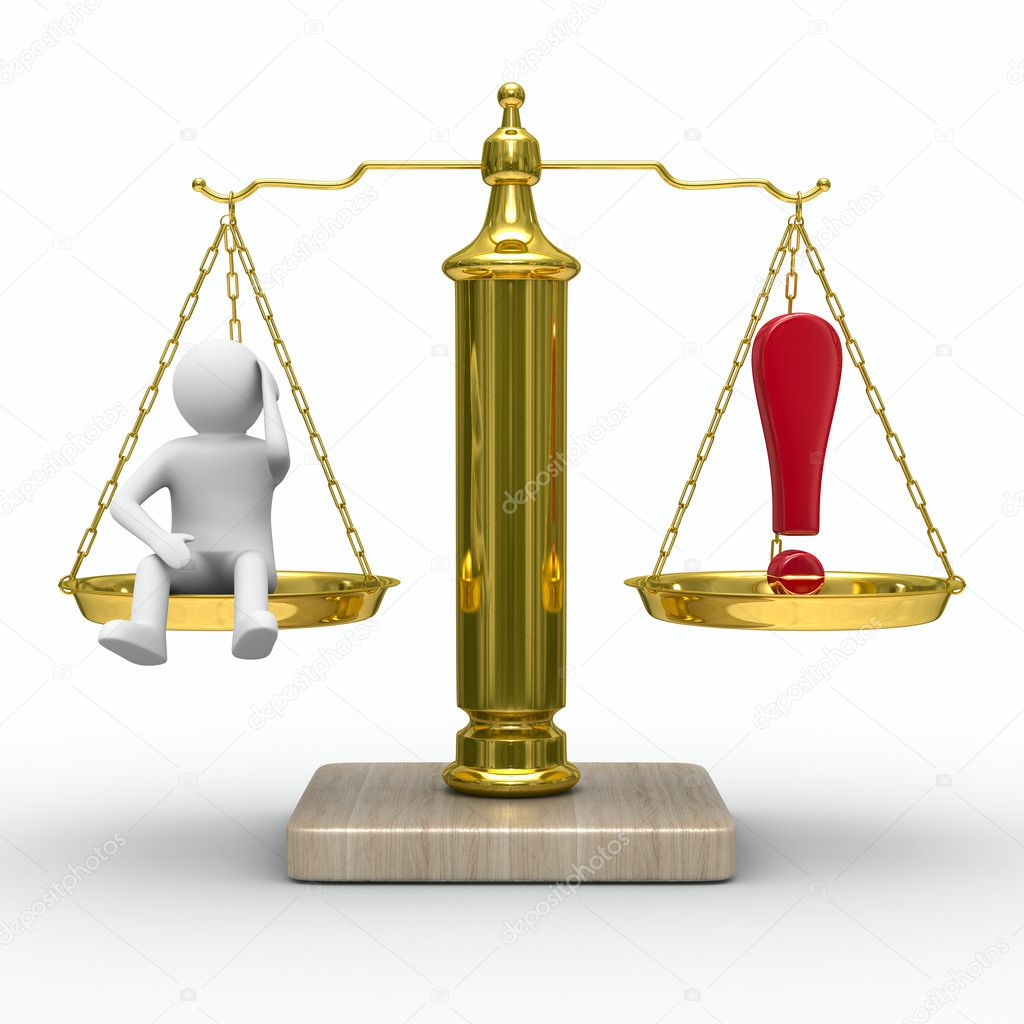 man and exclamation point on scales. Isolated 3D image