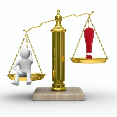 Man and exclamation point on scales. Isolated 3D image clipart