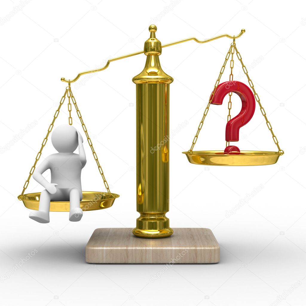 man and question on scales. Isolated 3D image
