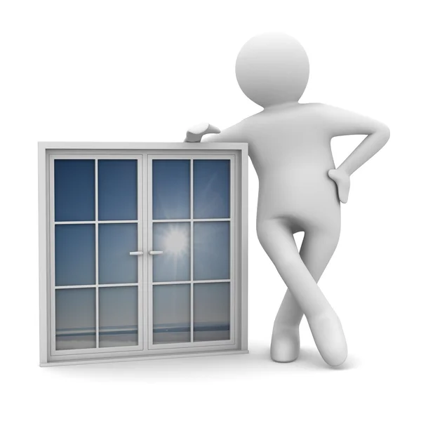 Homme avec fenêtre sur fond blanc. Image 3D isolée — Photo