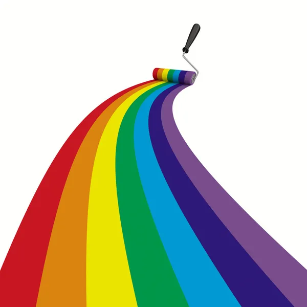 Regenboog getrokken rolborstel op de witte. geïsoleerde 3D-beeld — Stockfoto