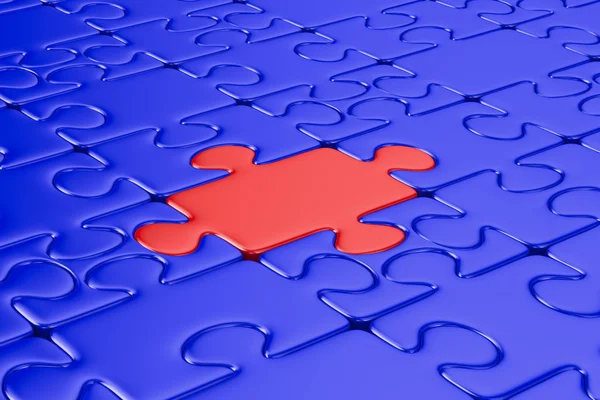 Blue puzzle and one red. Isolated 3D image — Stock Photo, Image