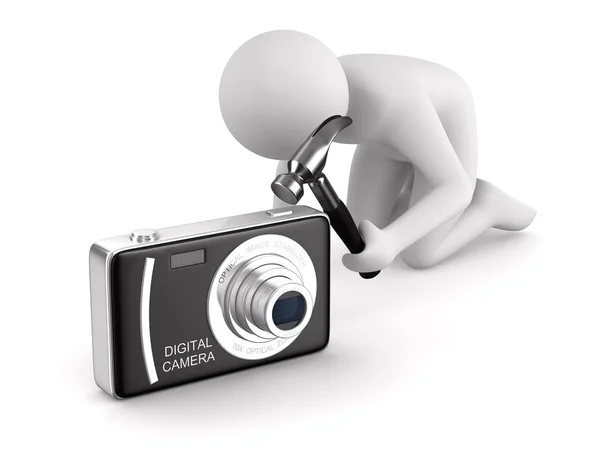 Hombre repara cámara digital compacta. Imagen 3D aislada en blanco —  Fotos de Stock