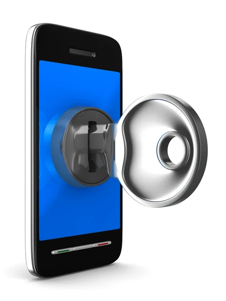 Telefon s klíčem na bílém pozadí. izolované 3d obraz — Stock fotografie