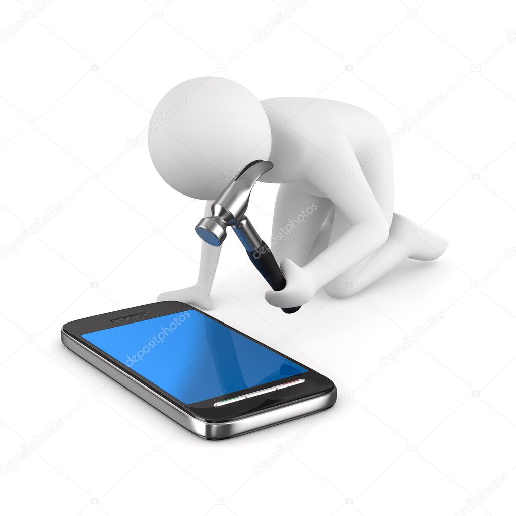 Man repairs phone. Isolated 3D image on white