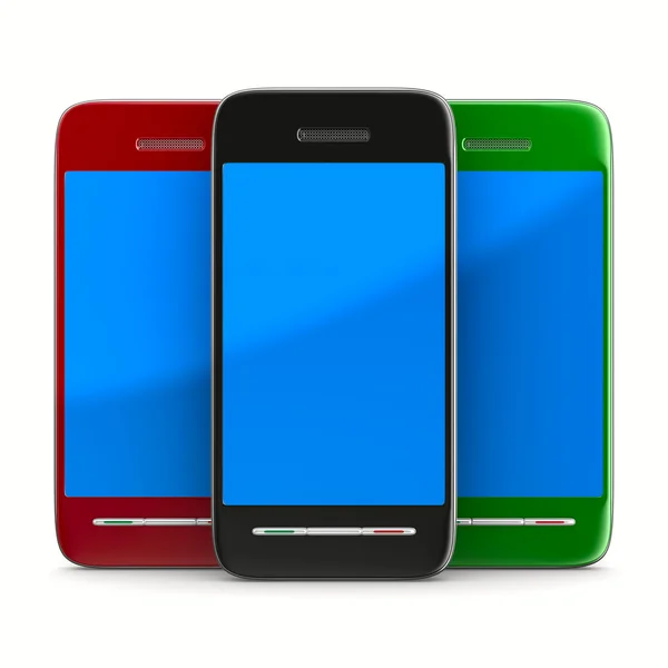 Tre telefoni su sfondo bianco. Immagine 3D isolata — Foto Stock