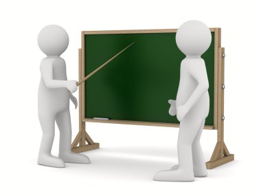 Teacher with pointer at blackboard. Isolated 3D image clipart