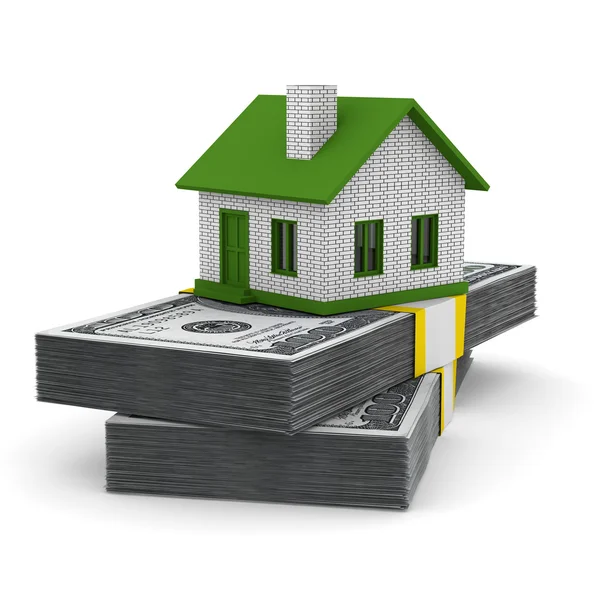 Casa pequena e dinheiro em fundo branco. Imagem 3D isolada — Fotografia de Stock