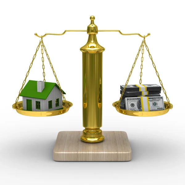 Casa e contanti su bilance. Immagine 3D isolata — Foto Stock