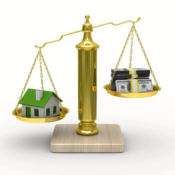 Casa e contanti su bilance. Immagine 3D isolata — Foto Stock