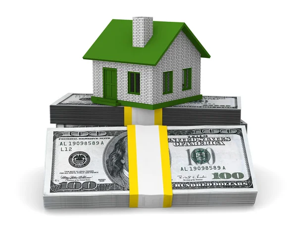 Маленький домик и деньги на белом фоне. Изолированное 3D изображение — стоковое фото