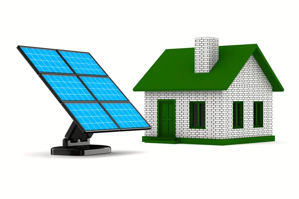 Solarbatterie und Haus auf weißem Hintergrund. isoliertes 3D-Bild — Stockfoto