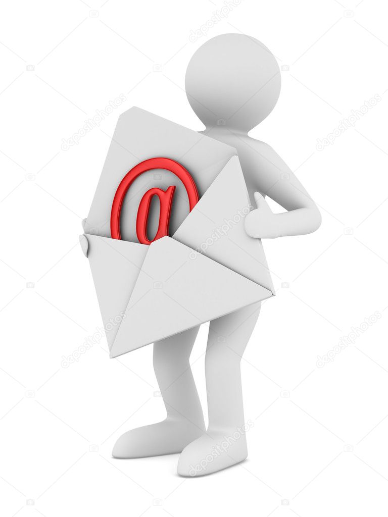 Postman with open envelope. Isolated 3D image