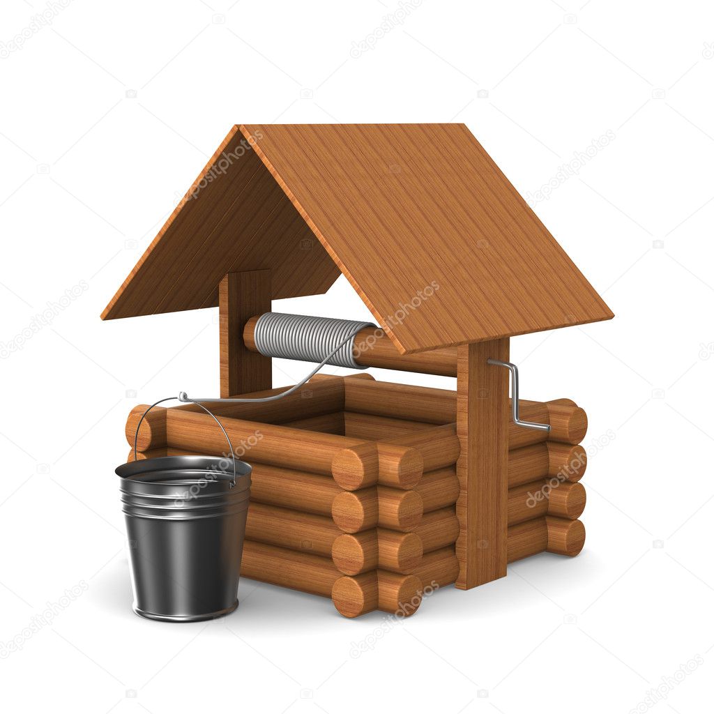 Wooden well with bucket on white background. Isolated 3D image