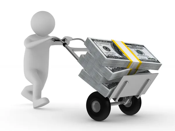 Man push hand truck with dollars. Isolated 3D image — Stock Photo, Image