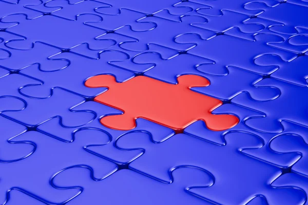 青のパズルと赤の 1 つ。分離の 3 d イメージ — ストック写真