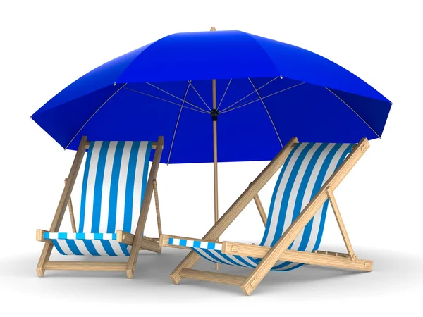 Two deckchair and parasol on white background. Isolated 3D image — Stock Photo, Image
