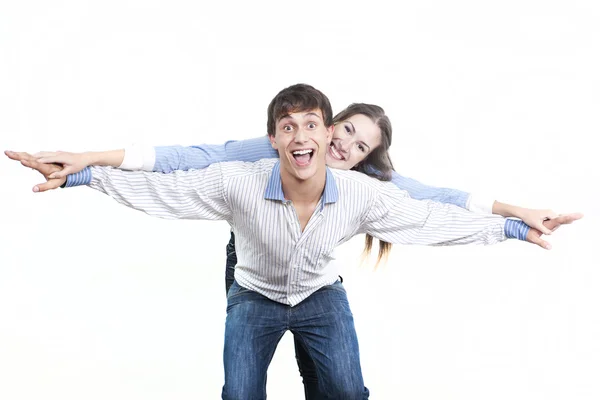 Couple with the hands lifted upwards — Stock Photo, Image