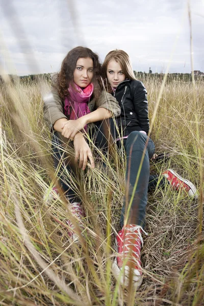 Осенний портрет двух молодых женщин — стоковое фото