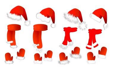 Christmas set: santa claus hat, scarf and mittens clipart