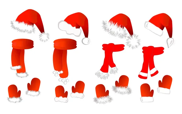 Рождественский набор: шляпа Санта-Клауса, шарф и варежки — стоковый вектор
