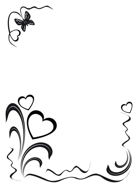 心和花卉装饰物 在白色背景上的黑色蝴蝶图 — 图库矢量图片