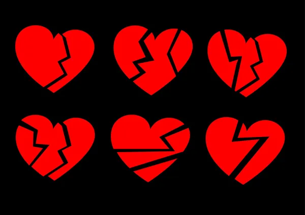 Coeurs brisés rouges sur fond noir, collection — Image vectorielle