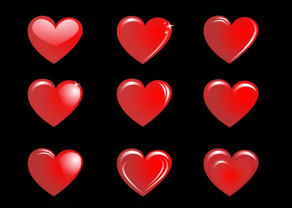 Red hearts on a black background, collection — Stock Vector