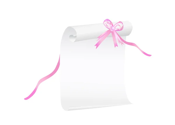 Scroll of white paper with a pink ribbon — ストックベクタ