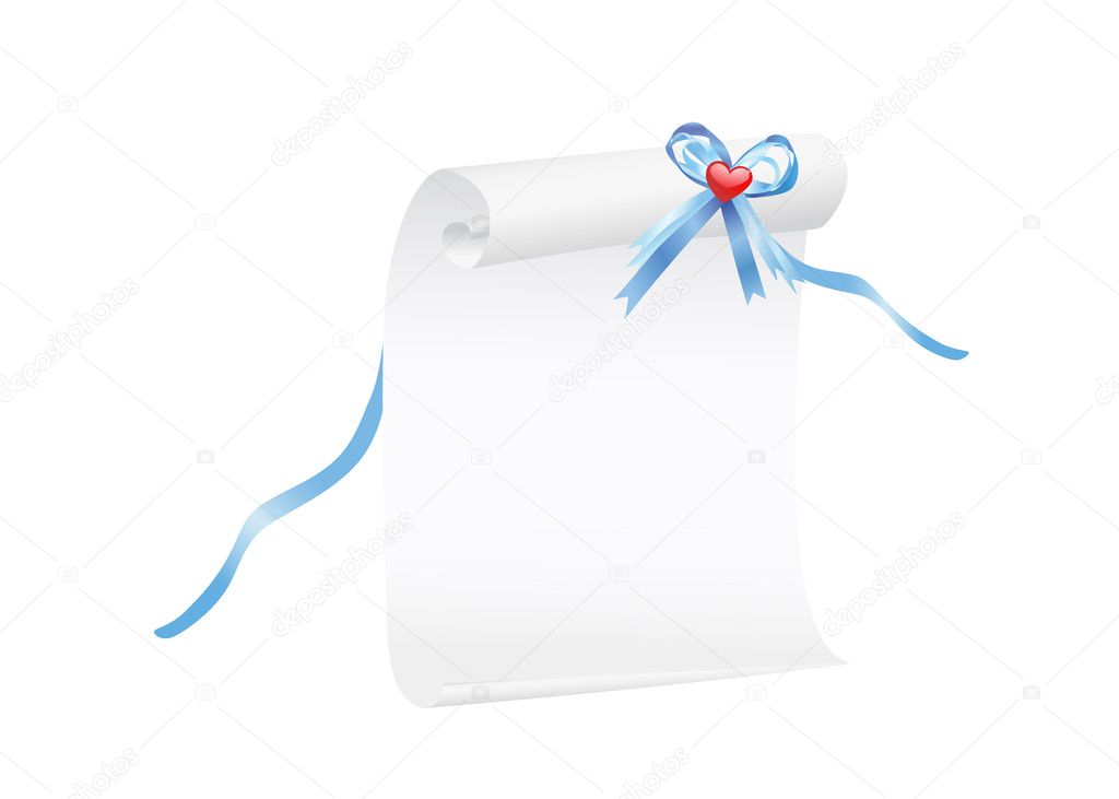 Scroll of white paper with a blue ribbon and red heart, suitable for a background. Vector illustration