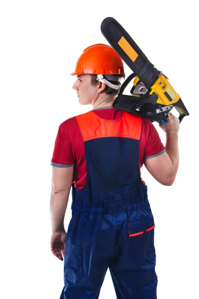 Powerfull worker with the chainsaw — Stock Photo, Image
