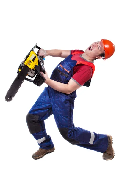 Emotional worker with the chainsaw — Stock Photo, Image
