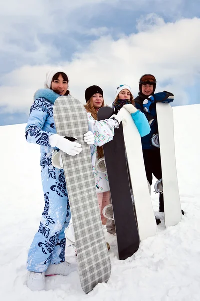 Four Fun Snowborders Stay Mouintains — Stock Photo, Image