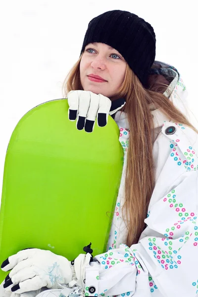 Drömmer snowboard rider flicka — Stockfoto