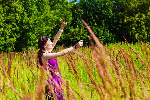 牧草地にバイオレットのドレスの女の子 ストック画像