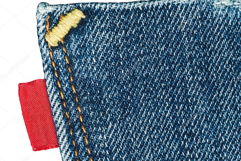 Blue old jeans pocket with empty red label