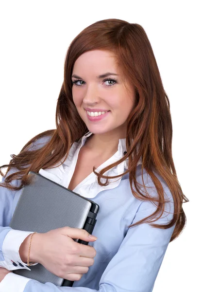 Dziewczynka przenoszenia laptopa z ładny uśmiech — Zdjęcie stockowe