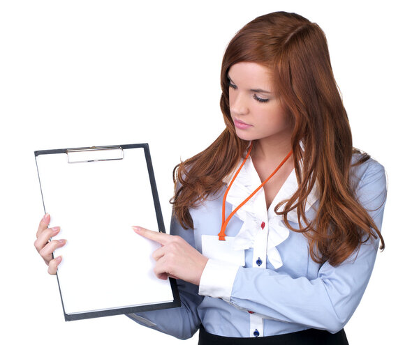 Portrait of a young business woman holding a blank clipboard