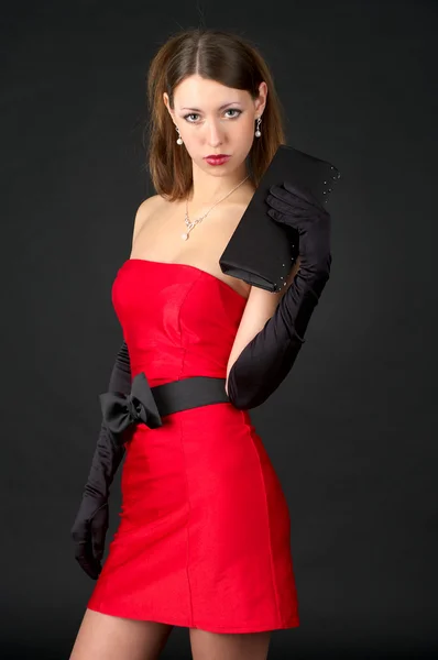 红色晚礼服的美丽女人 — 图库照片