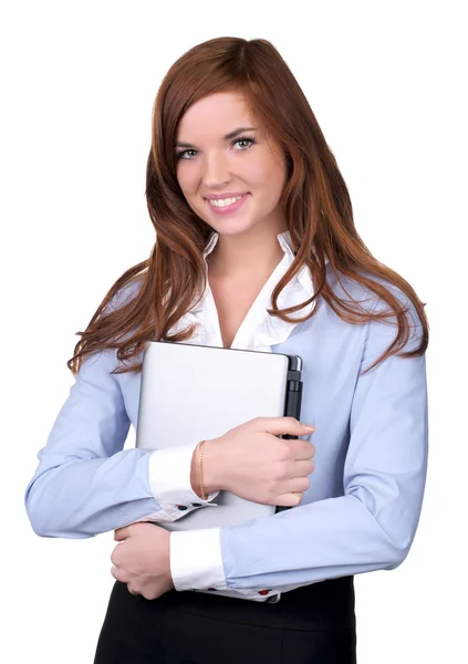Aranyos üzletasszony, kezében egy laptop — Stock Fotó