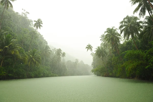 Pioggia tropicale sopra il fiume — Foto Stock
