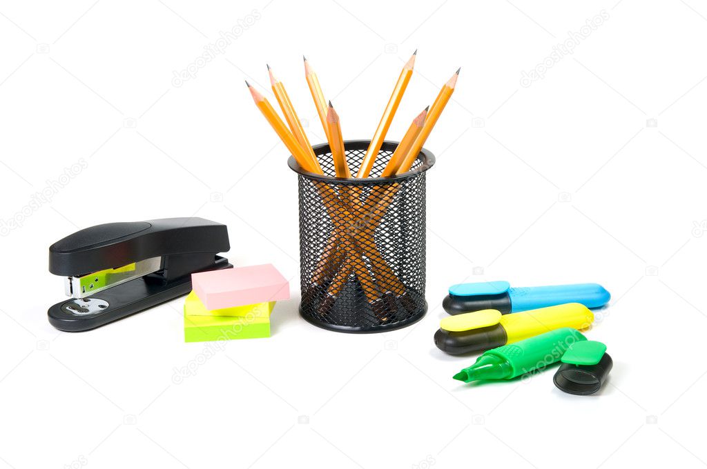 Office supplies on white background.
