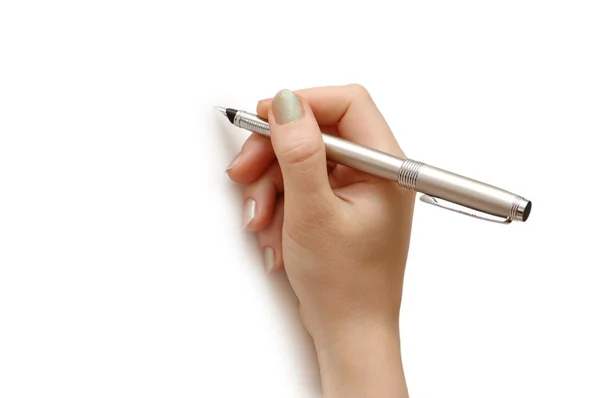 하얀 배경에 펜을 분리하여 들고 있는 손 — 스톡 사진