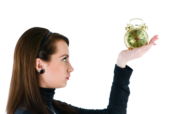 Woman with clock isolated on the white — Stock Photo, Image
