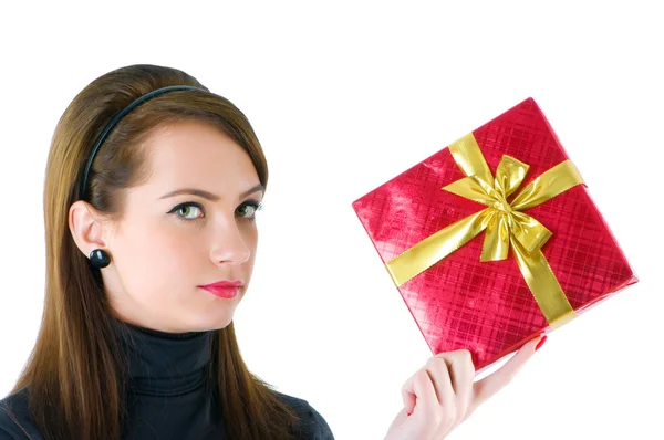 Young woman with red gift box — Stock Photo, Image
